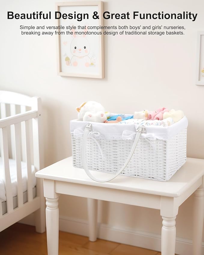Large Baby Diaper Caddy Basket - Portable Wicker Paper Rope Storage Baskets Woven Car Organizer for Diapers With Divider White