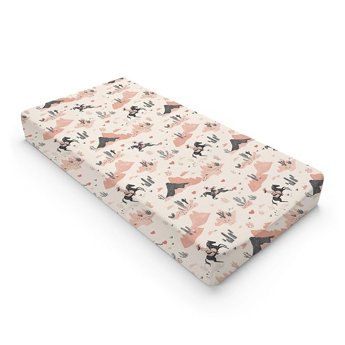 Cartoon Western Cactus Horse Mountains Hearts Baby Changing Pad Cover, Unisex Western Nursery Diaper Changing Table Pad Mat Sheet for Girls-16x32