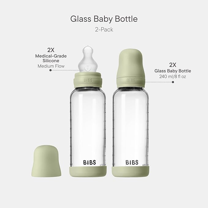 BIBS Glass Baby Bottles 2-Pack, 8.1 Oz. Anti-Colic System for Gas Reduction. Vented Round Silicone Nipple. Supports Infant and Newborn Breastfeeding - 240 ml (Pack of 2), Sage