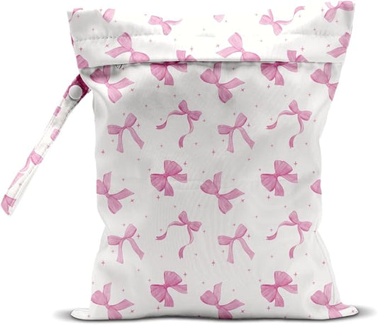 Wet Bag for Swimsuit Pool Travel Baby Cloth Diapers Dirty Yoga Gym Clothes Beach Bags Summer Gifts for Women Men Beach Vacation Essentials Pink Bow Waterproof Wet Dry Bag Travel Laundry Bags