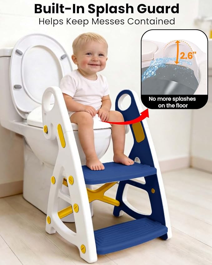 Potty Training Seat, Primlect Upgrade Ultra-Stable Toddler Toilet Seat for Kids Boys Girls, 2 in 1 Potty Training Toilet with Step Stool, Adjustable Seat and Ladder, Non-Slip Pad, Splash Guard(Blue)