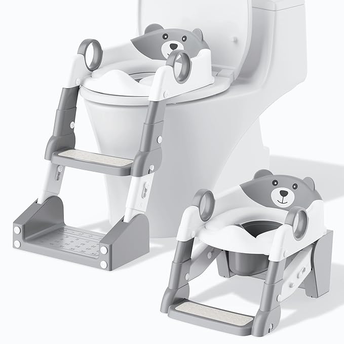 Potty Training Seat,Toddler Toilet Seat for Boys Girls,3-in-1 Potty Training Toilet and Chair with Step Stool Ladder,Anti-Slip Height Adjustable Foldable Splash Guard for Kids (Grey)
