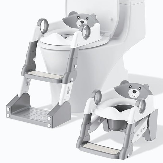 Potty Training Seat,Toddler Toilet Seat for Boys Girls,3-in-1 Potty Training Toilet and Chair with Step Stool Ladder,Anti-Slip Height Adjustable Foldable Splash Guard for Kids (Grey)