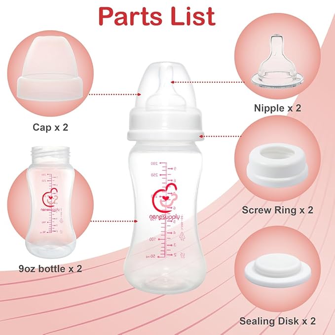Nenesupply Feeding and Storage Bottles Collection for Spectra S1 S2 Motif Luna Breast Pumps 2 pc 9oz 280ml with Sealing Disc Anti Colic Feeding Breastmilk Storage Replace Spectra Bottles