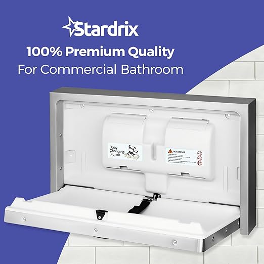 Stardrix Panda Care Stainless Steel Surface Mounted Baby Changing Station, Heavy Duty Foldable Diaper Changing Table with Liner Dispenser and Adjustable Safety Belt for Commercial and Business