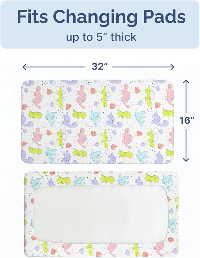 Changing Pad Cover - Pack of 2 Soft Unisex Diaper Change Microfiber Table Sheets - Fits 32"x16" Contoured Pad - Changing Pad Cover for Baby Boys and Girls - Snug, Machine Washable - Oeko-Tex, Dinos