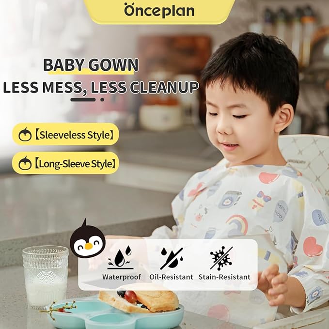Disposable Baby Gown,10 Pcs Bib Shirt, Individual Pack, 31.5’’ x 15.35’’ Long Sleeve Bib, Baby Eating Smock (Blue Dairy Cow, Long Sleeve Style)