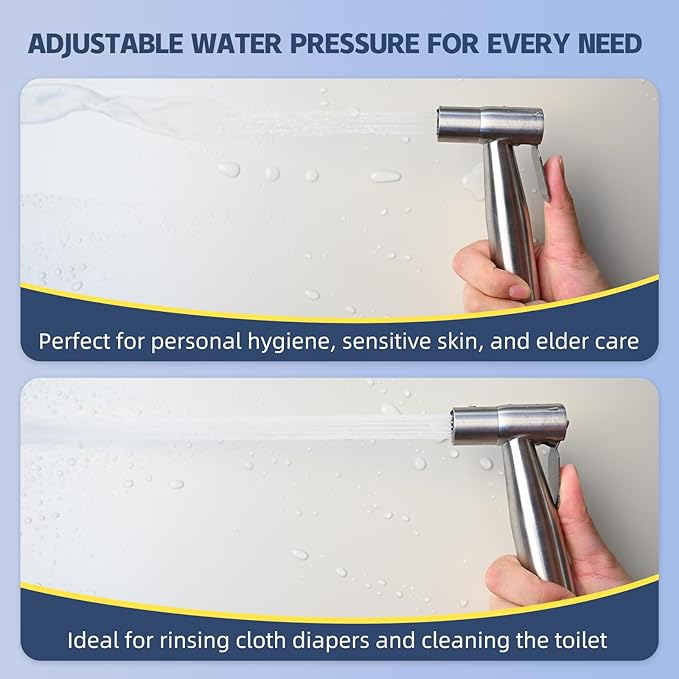 Vayzluiy Handheld Toilet Bidet Sprayer for Toilet-Adjustable Water Pressure Control with Bidet Hose for Feminine Wash, Stainless Steel Brushed Nickel Cloth Diaper for Baby Wash (Warm and Cold)