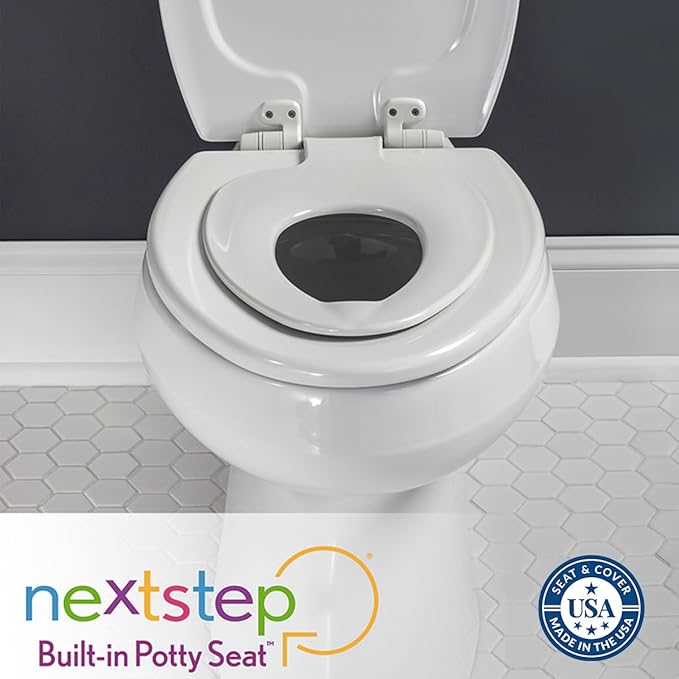 Mayfair NextStep2 Toilet Seat with Built-In Toddler Potty Training Seat, Slow Close, Easy Clean, Magnetic Removable Kids Seat, ELONGATED, Biscuit