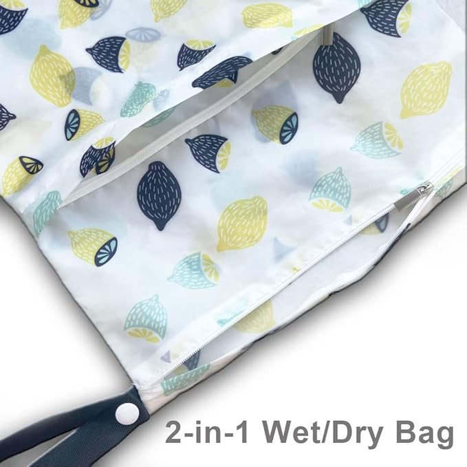 Waterproof Cloth Diaper Wet Dry Bags, Reusable Hanging Wet Bags with Two Smooth Zipper, Excellent 2-in-1 Wet/Dry bags for Storage, Travel, Picnic, (L+S Lemon)