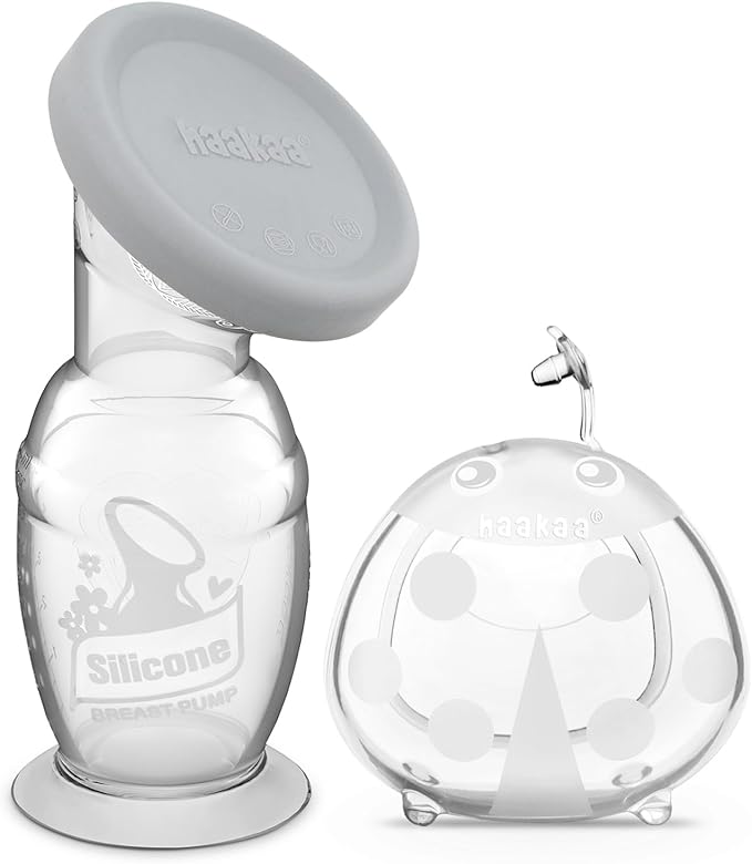 haakaa 100ml Manual Breast Pump with Leakproof Silicone Lid and 75ml Wearable Ladybug Breast Milk Collector Combo for Breastfeeding