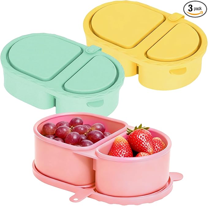 3 Pcs Silicone Double Compartment Snack Containers with Lids, 5.7 x 3.5 x 1.7 in Mini Food Storage Box, Portable Snackle Box for Condiments, Pink, Yellow, Green