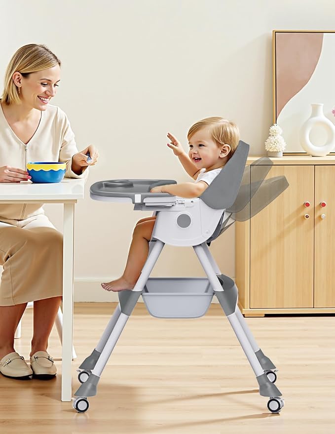 High Chairs for Babies and Toddlers, 4 in 1 Convertible Baby High Chair, Portable High Chair for Travel with Adjustable Height and Back, Foldable HighChair with Wheels& Pu Cushion (Grey)