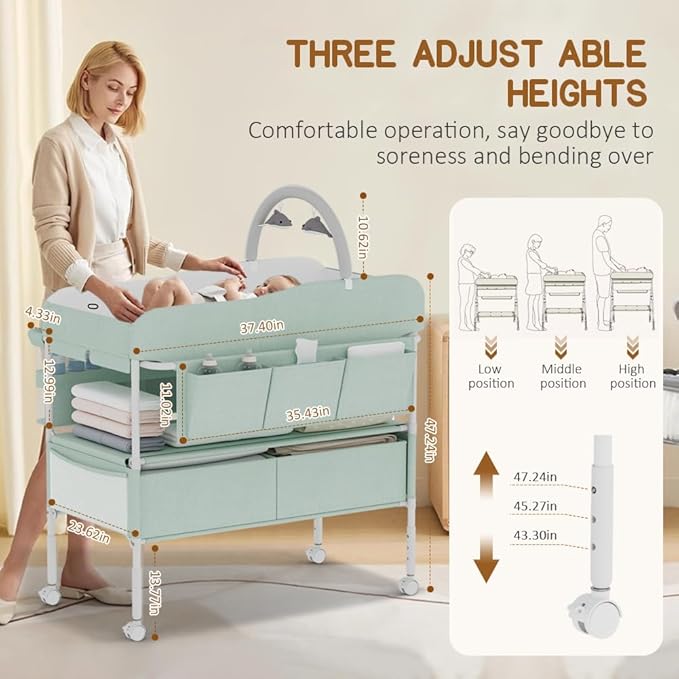 Diaper Changing Station, Portable Changing Table for Baby, Diaper Changing Table with Storage Drawers, Waterproof Baby Changing Station with Wheels and Adjustable Height for Newborn Infant (Green)