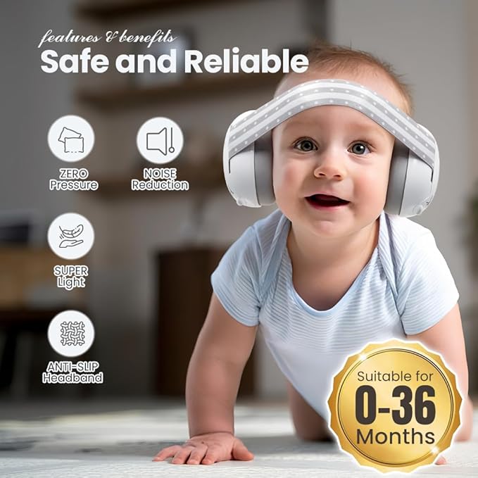 Baby Ear Protection | Ear Muffs for Infants with Elastic Headband | Baby Earmuffs Ideal for Flights, Sleep | 2 Bands Included (Grey-White)