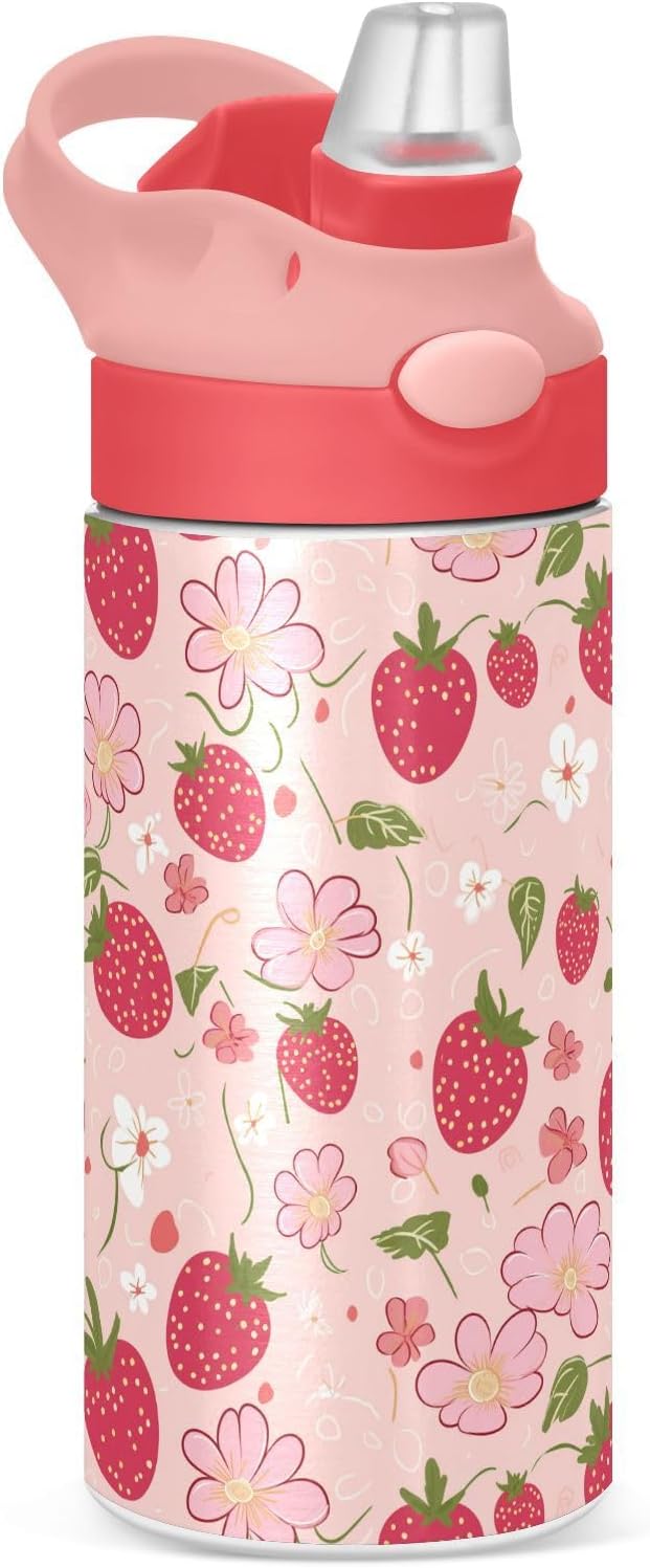 Strawberry Flowers Cute Girls Water Bottle with Straw and Carry Handle Pink Vacuum Insulated Stainless Steel Bottles Leak-Proof for Kids Boys Toddler 12 oz Pink Lid