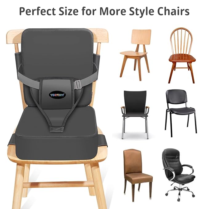 Toddler Booster Seat for Kitchen Chair with Removable Backrest & Adjustable Straps, PU Portable Waterproof & Non-Slip Booster Seat for Dining Table, Travel Child Eating Cushion - Dark Grey