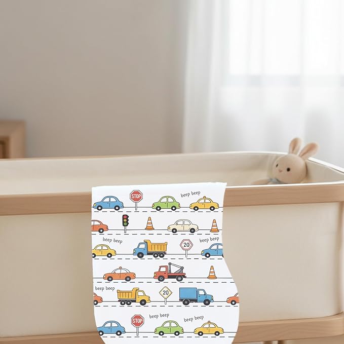 4 Pack Blue Burp Cloths Baby for Boys Girls,Soft Cotton,Traffic Car Theme Design,Super Absorbent Burping Clothes Burp Rags for Newborn,Machine Washable and Reusable Baby Spit-Up Cloths,20x10inches