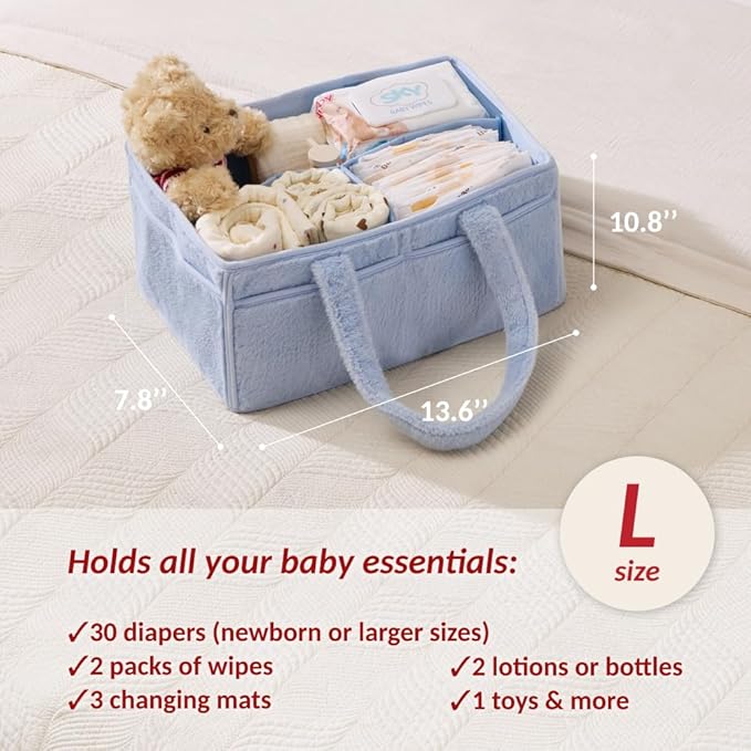 luxury little Soft Baby Diaper Caddy Organizer, Nursery Storage Basket with Removable Divider, Portable Baby Diapers Basket, Gifts for New Parent, Baby Shower (Baby Blue)