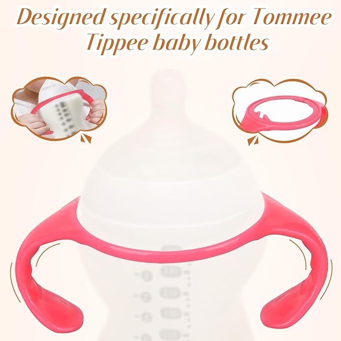 4pcs Baby Bottle Handles for Tommee Tippee, Ergonomic Non-Slip Grip BPA-Free Bottle Holder for Newborn Infant Hands Free Feeding (Pink)