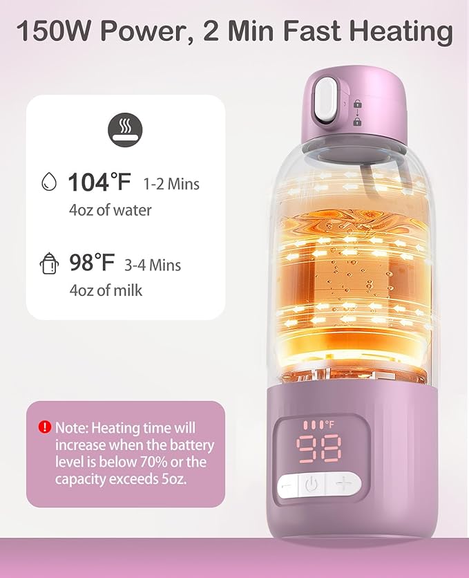 Portable Bottle Warmer for Travel, 17 oz Large Capacity & 16000mAh Extended Battery Life, 8 Temp Contorl, Breastmilk/Formula/Water/Milk 2Min Fast Warmer Heating, Ideal for Travel, Outdoor