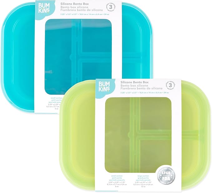 Bumkins - Silicone Bento Box - 3 Sections & Leak-Proof Lid - Food Safe - Set of 2 - Washable, Microwave, Freezer & Dishwasher Safe - Blue & Green