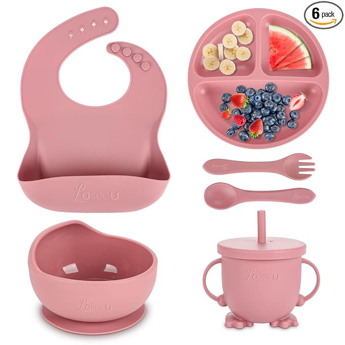 Silicone Feeding Set|Baby Led Weaning Supplies|Suction Plate Bowl Set with Bib, Spoon, Fork, Sippy Cup|Feeding Eating Supplies BPA Free