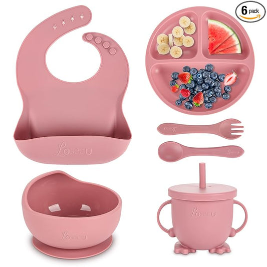 Silicone Feeding Set|Baby Led Weaning Supplies|Suction Plate Bowl Set with Bib, Spoon, Fork, Sippy Cup|Feeding Eating Supplies BPA Free