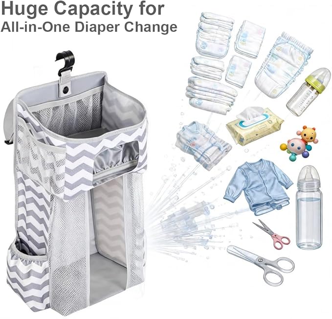 Hanging Diaper Caddy Organizer for Crib, Baby Diaper Holder with 3 Compartments, Water-Resistant Nursery Storage Bag for Changing Table, Playard, Wall, Ripple Grey
