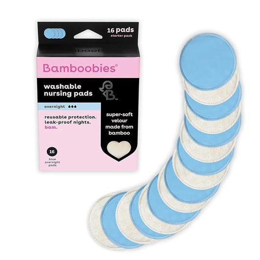 Bamboobies Overnight Nursing Pads, Ultra-Soft Velour, Reusable and Washable for Nightly Use, Leak-Proof Pads for Breastfeeding, 16 Pads