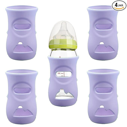 4 Pack Silicone Sleeves for Avent Natural Glass Baby Bottles, Anti Breakage Baby Bottle Holder, Compatible with Philips Avent Glass Natural Baby Bottle, BPA Free (Purple, 8 OZ)