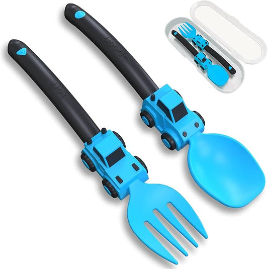 Deinyi Construction Toddler Utensils - Toddler Forks and Spoons - Kids Construction Truck Utensils - Forks and Spoons Silverware Set - Christmas Birthday Gift for 1 2 3 4 5 year old, Blue