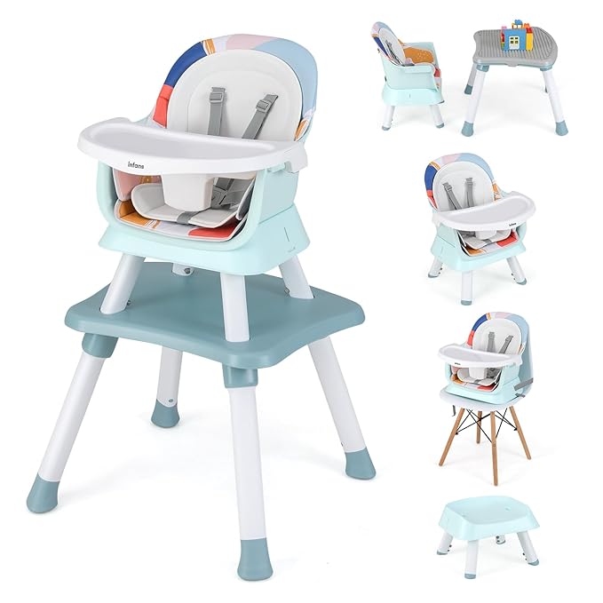 INFANS 8 in 1 Baby High Chair, Convertible Highchair for Babies and Toddlers, Infant Dining Booster Seat, Building Block Table, Kids Stool Table Chair Set with Removable Tray