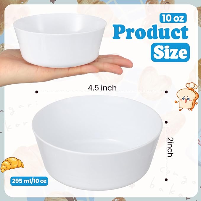 Foaincore 18 Pcs Kids Plastic Bowls 10 oz Cereal Snack Microwave Dishwasher Safe Toddler Bowls Kids Colorful Snack Children Salad Dessert Soup Supplies(White)
