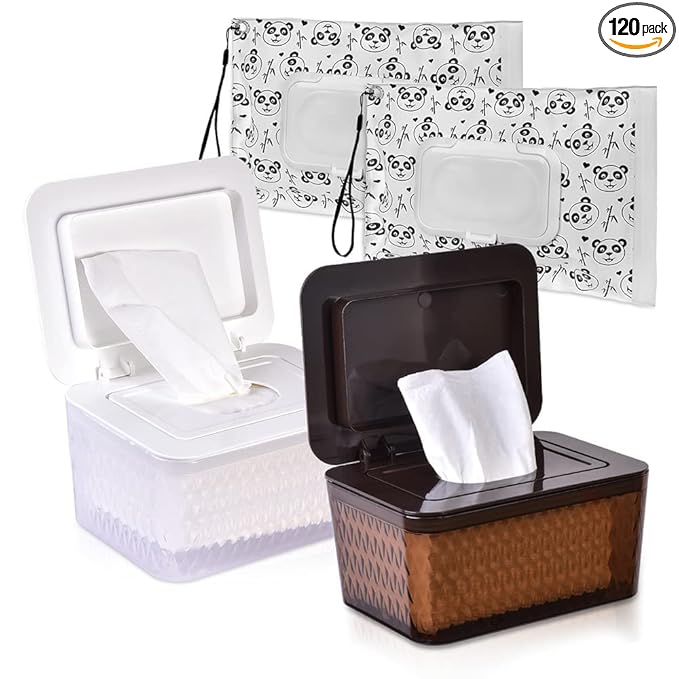 Wipes Dispenser & Wipes Pouch/Tissue Bag, Wipes/Tissue Case with Moisture Seal Secure Lid, Non-Slip Rubber Feet & Sealing Design Keeps Wipes Fresh, Dustproof Wipes Container(WH,BN+2Panda)
