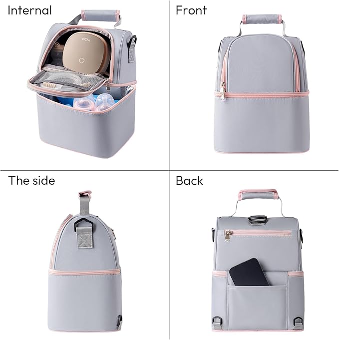 NCVI Breastmilk Cooler Bag with 2 Ice Pack, Breast Pump Bag with Cooler Fits 6 Bottles, Double Layer Breast Milk Baby Bottle Cooler Bag, for Travel, Nursing Mom Daycare, Work, Picnic (Grey)