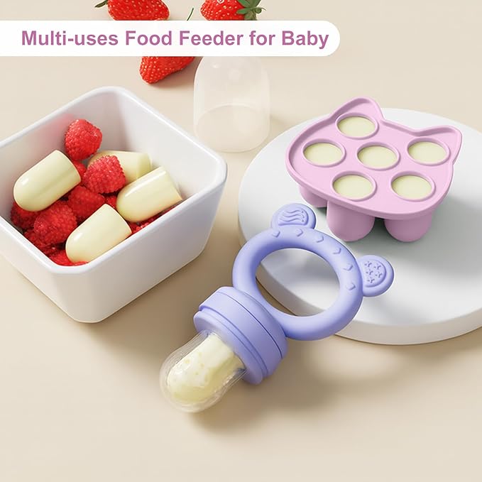 Baby Breastmilk Popsicle Molds & Baby Fruit Feeder (4 Pack), Infant Food Freezer Tray Storage Containers, Silicone Teething Pacifier Feeder and Teether for Babies,Boys and Girls-Pink&Purple