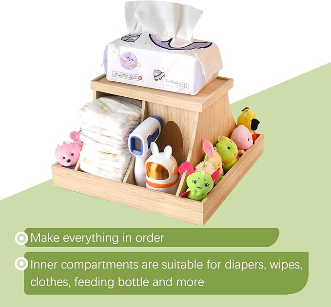 Wooden Baby Diaper Cabby Organizer, 360 Degrees Rotating Bamboo Cabby Storage with Removable Divides, Nursery Diaper Organizer