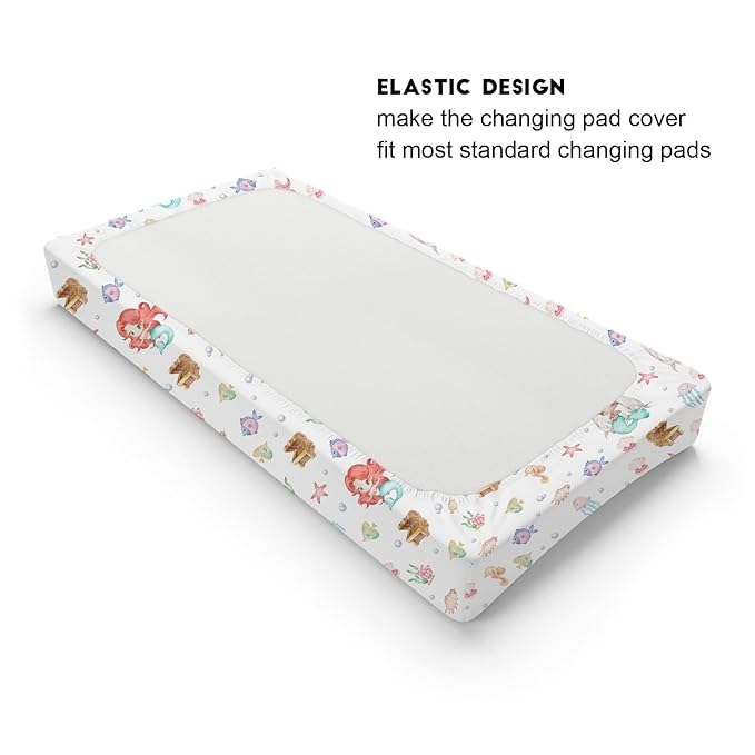 Watercolor Mermaids Changing Pad Covers Ocean Animals Fish Sea Horse Jellyfish Conch Coral Diaper Change Table Sheets for Boy Girl Soft Breathable Stretch Baby Change Table Pad Mats Covers 32''x16''