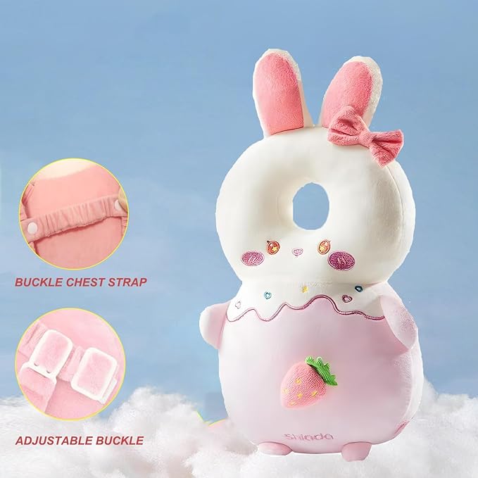 Baby Head Protector Backpack, Toddler Baby Head Protection Backpack with Baby Knee Pads Alarm Function for Walking & Crawling, Soft, Breathable and Wearing Safety Baby Head Protector-Pink Rabbit