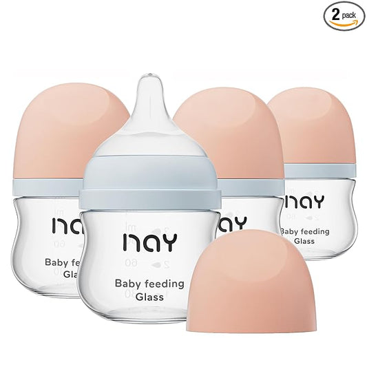 yanyoyo Natural Glass Baby Bottle Wide Neck, Newborn Anti-Colic Baby Bottle, Clear, 3oz(Pack of 4), Includes 4Pcs Slow Flow Nipple(SS), 0 Months+