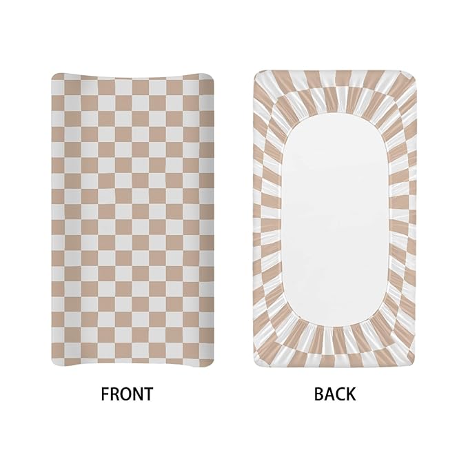 Beige Checkered Changing Pad Cover for Baby Girls Boys Cartoon Breathable Diaper Change Table Sheet Soft Stretchy Cute Change Table Mat Cover Fit 32x16