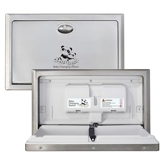Stardrix Panda Care Stainless Steel Recessed Mounted Baby Changing Station, Heavy Duty Foldable Diaper Changing Table with Liner Dispenser and Adjustable Safety Belt for Commercial and Business