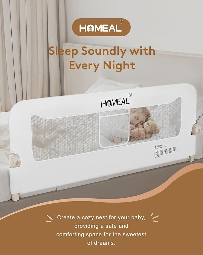 HOMEAL Toddlers Bed Rails, 47" Long Swing Down Bed Guard with Double Reinforced Stability, Foldable Metal Safety Rail for King, Queen, Full & Twin Beds, White
