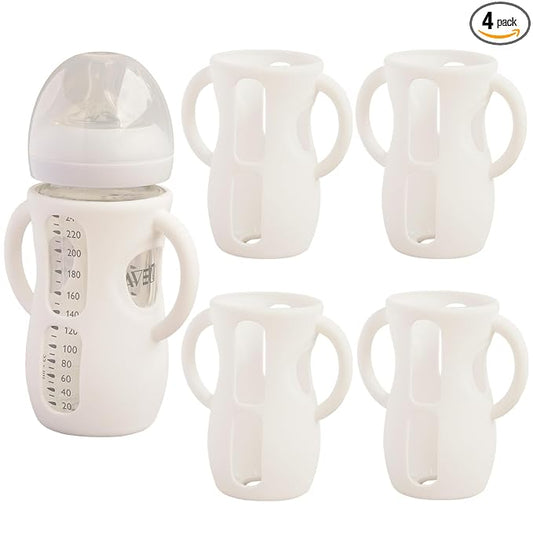 4 Pack Silicone Sleeves for Avent Natural Glass Baby Bottles, Anti Breakage Bottle Holder, Compatible with Philips Avent Glass Natural Baby Bottles (4 White, 8 OZ)