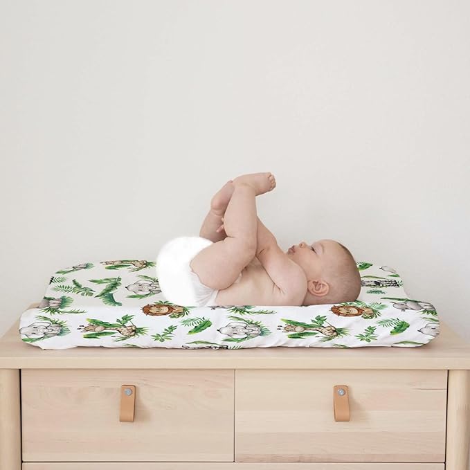 Baby Safari Animals Tropical Palm Leaves Changing Pad Covers Lion Elephant Giraffe Zebra Hippo Diaper Change Table Pad Covers for Girl Boy Soft Breathable Stretch Changing Mat Sheets 32''x16''