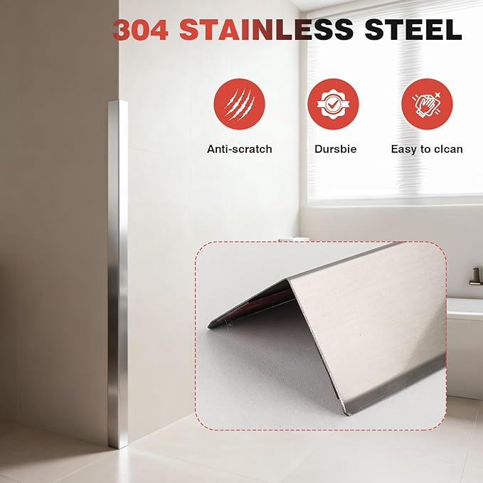 304 Stainless Steel Wall Corner Guard 1 x 1 x 48 inch, Pack of 10 Metal Wall Corner Protector with 90-Degree Angle for Wall Protection and Decoration (10, Silver, 1x1x48 Inches)