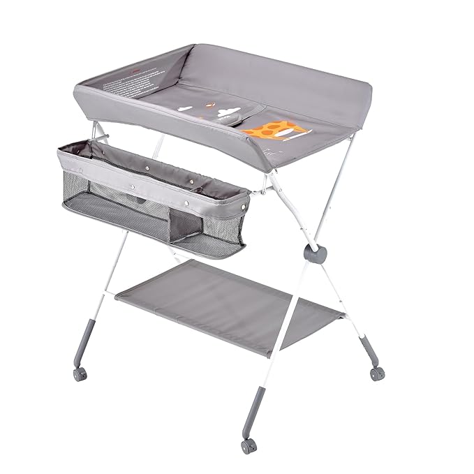 VEVOR Baby Changing Table, Foldable Diaper Change Station with Side Basket, Adjustable Height Changing Table with Lockable Wheels, Multi-Functional Nursery Storage Organizer, Gray