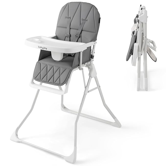 BABY JOY Foldable High Chair, Portable Highchairs for Babies and Toddlers with 3-Position Adjustable Tray & Footrest, Removable Seat Cushion, 5-Point Safety Harness, Space Saving Design (Gray)
