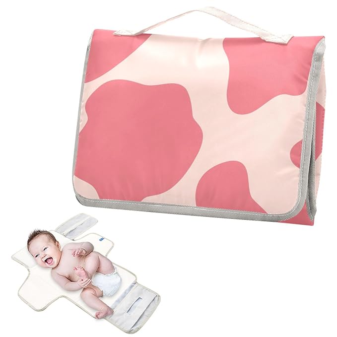 Portable Diaper Changing Pad Travel Baby Changing Mat Waterproof Diaper Changing Mat Foldable Lightweight Baby Changer with Built-in Pillow Cow Print Pink